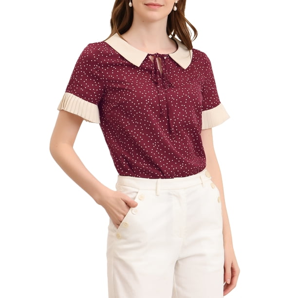 INSPIRAR CHIC Blusas de Polka Dots con Cuello de Muñeca en Contraste de Manga Corta M Rojo Oscuro