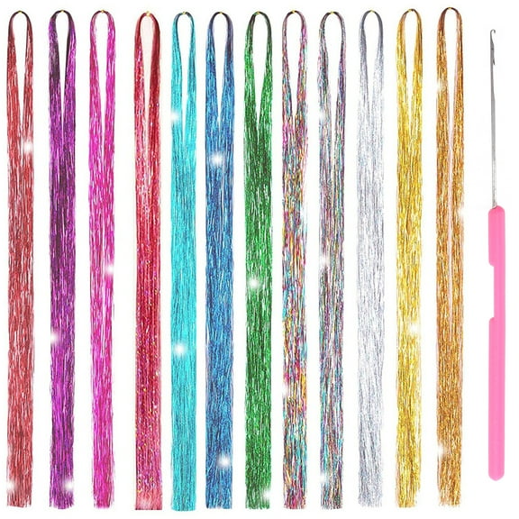 TONKBEEY Hair Tinsel Kit 12 Random Colors 2000 Strands Fairy Hair Tinsel with Tool 90cm/35in Hair Extensions Glitter Hair Strands