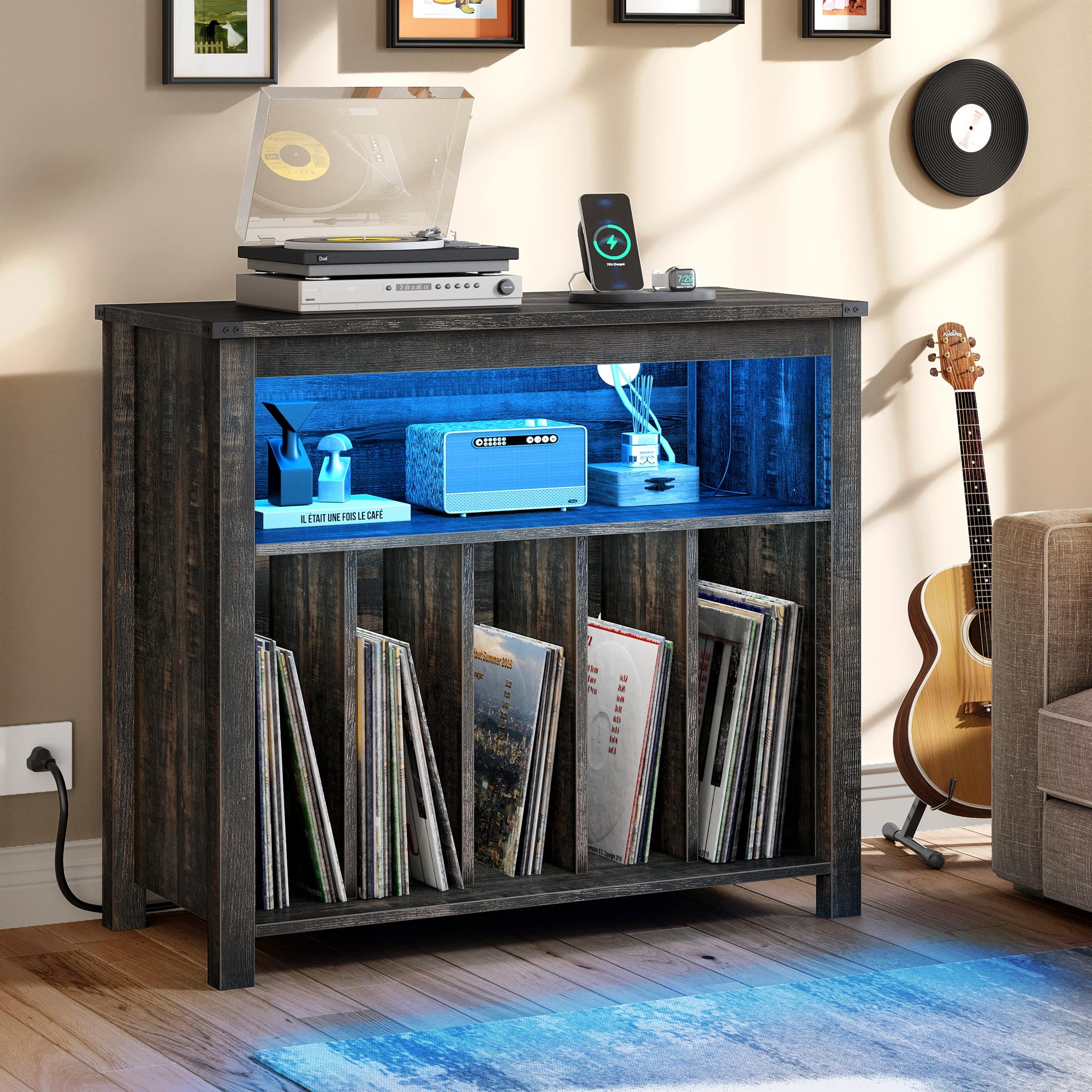 YITAHOME Large Record Player Stand with Power Outlets & LED Lights, Turntable Stand Holds up to