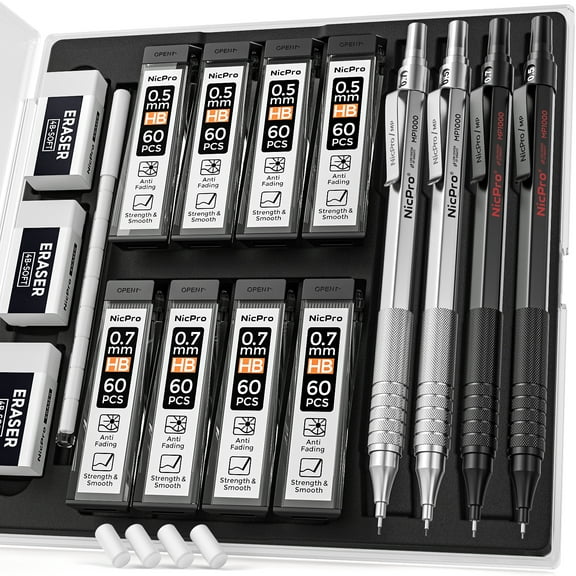Nicpro 4 Pcs 0.5 & 0.7 mm Metal Mechanical Pencils, Artist Pencil Set with 8 Tubes HB & 2B Lead Refills, 3 Eraser, 9 Eraser Refills, Black & Silver