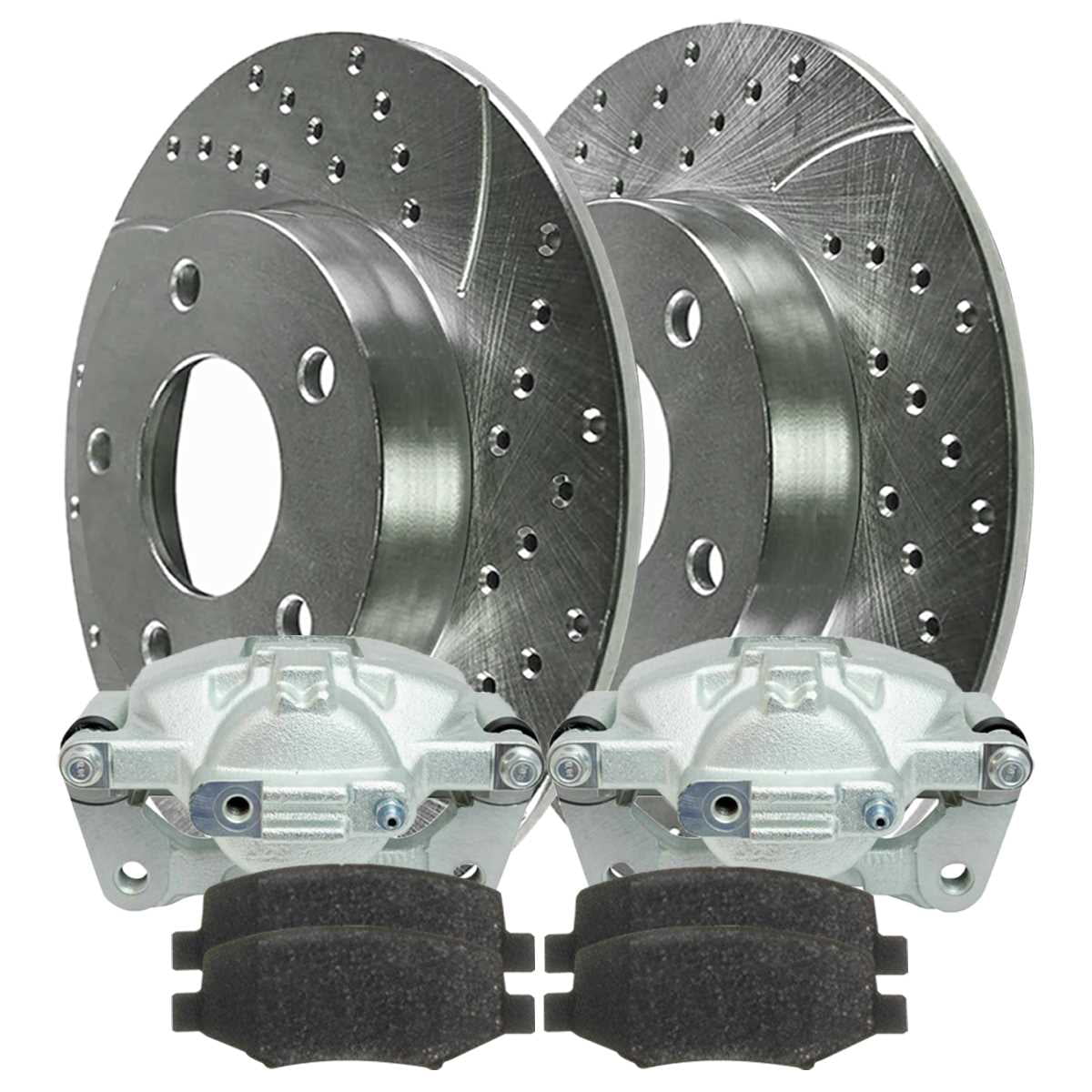 AutoShack BRKPKG100238 Front & Rear Set of Calipers w/Drilled Slotted Performance Rotors & Ceramic Brake Pads Set Replacement for 2007 2008 2009 2010 2011 2012 Jeep Wrangler 3.6L 3.8L V6 4WD RWD