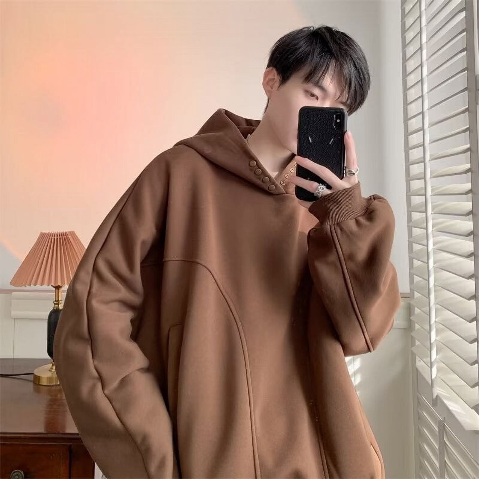 Spring And Autumn Trendy Brand Buttoned And Velvet Hooded Loose Casual Sweater Coffee M