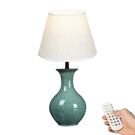 Kiven Cordless Table Lamp, Dimmable LED Vase Lamps with Fabric Lampshade, Classic Cottage Ambient Light, 1-Light Rechargeable Nightstand Lamp for Office Bookcase Bedside TD1006