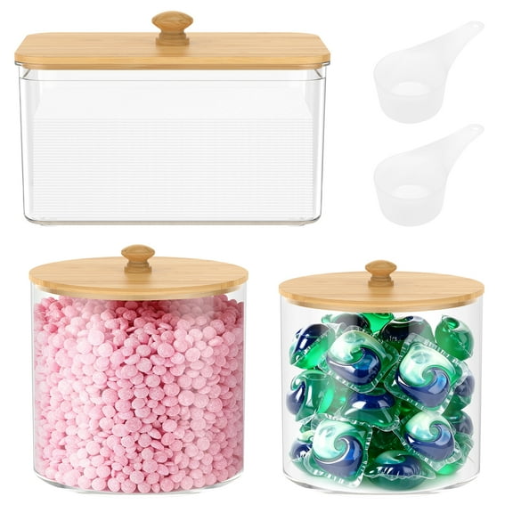 Threns 3 Pack Laundry Pod Container with Scoop and Wood Lid Detergent Powder Capsule Pot Washing Tablet Storage Holder for Laundry Room Bathroom Kitchen Organisation
