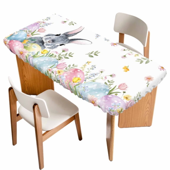 Easter Table Cloths for 4 Foot Rectangle Tables, Spring Rustic Botanical Floral Rabbit Eggs Leaves Patio Waterproof Elastic Fitted Tablecloths, Washable Rectangular Table Cover for Camping