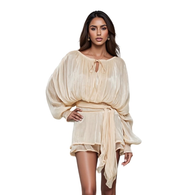 Argulvti Robe Mini à Volants pour Femmes Manches Longues Lanterne Nouée devant Couleur Unie Plissée Robe Fluide