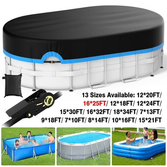 SHELTUSE Oval Pool Cover 16x25FT, Upgraded 420D Oxford Fabric Pool Covers for Above Ground Pool with Winch and Cable, Quick installation and Removal for All Season Inflatable Above Ground Pool Cover