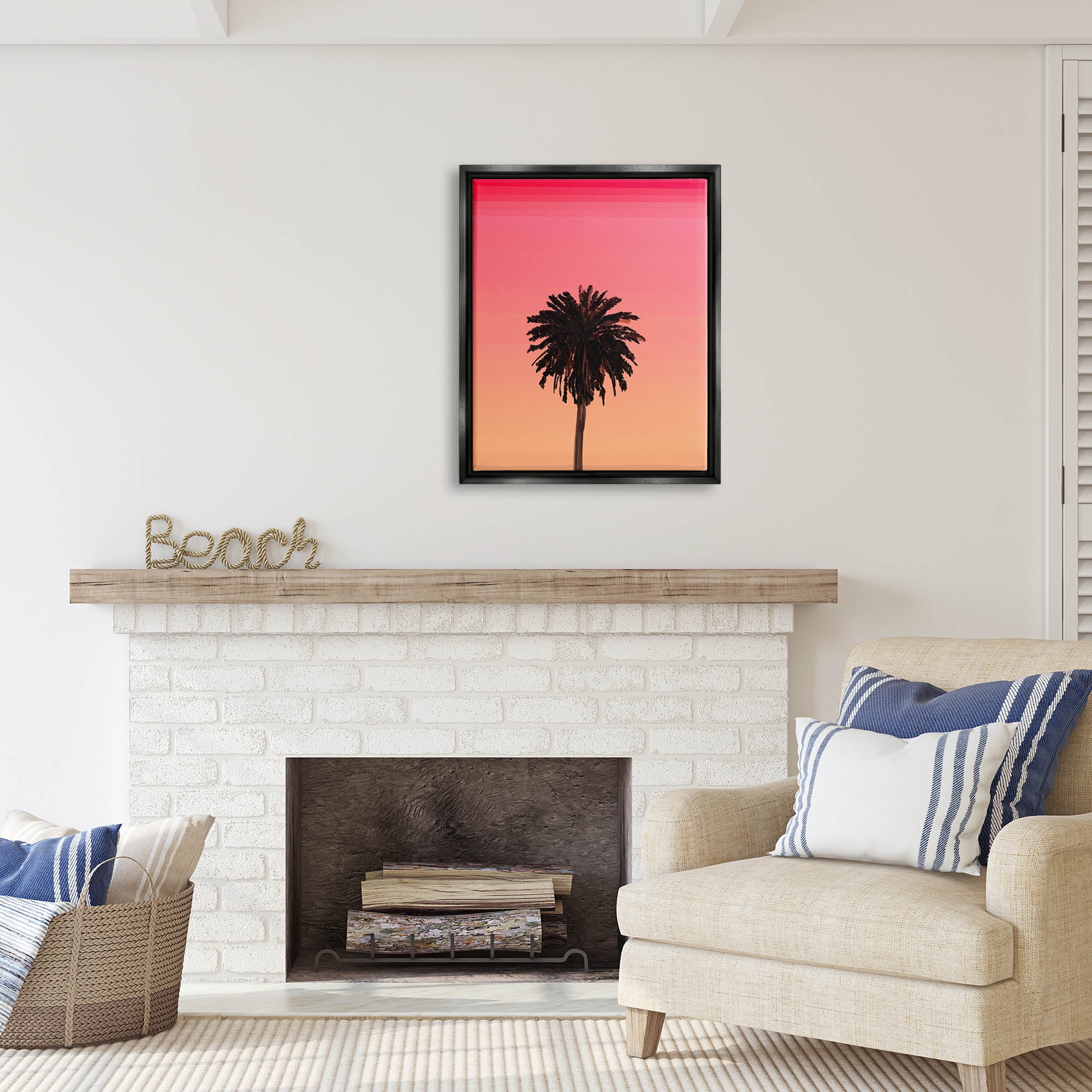 Stupell Industries Vivid Red Sky Palm Tree Silhouette Coastal Painting Black Floater Framed Art Print Wall Art