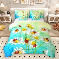 Homewish Chic Flower Daisy 7-Piece Twin Bedding Sets for Kids Children Teens,Red Ladybird Bedding Comforter Set,Abstract Watercolor Gradient Breathable Sheet Sets,Lightweight Room Decor,Reversible