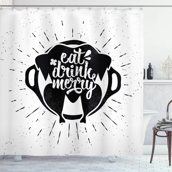 Eat Drink and Be Merry Shower Curtain, Modern Doodle Style Grunge Noel Inspiration Hand Drawn Art, Fabric Bathroom Set with Hooks, 69W X 84L Inches Extra Long, Black and White, by Ambesonne