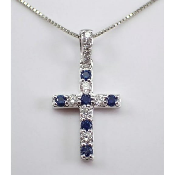Lab Created Blue Sapphire 2.00Ct Round Cut Cross Pendant 14K White Gold Plated