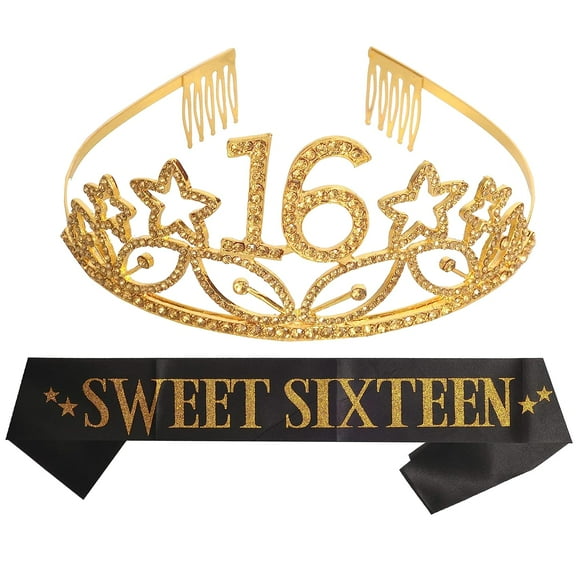 MEANT2TOBE Gold 16th Birthday Sash and Tiara Set - Glitter Sash   Stars Rhinestone Premium Metal Tiara, Perfect Sweet 16 Gift for Girls