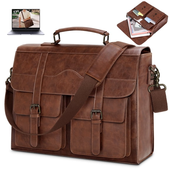 RAINSMORE Mens Messenger Bag 17 Inch Vintage Leather Laptop Bag Magnetic Closure Large Satchel Computer Briefcase Shoulder Bag,Brown