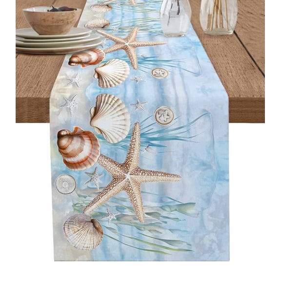 Blue Starfish Coastal Table Runner 48 Inches, Summer Beach Coral Shell Sea Bed Runner Dresser Scarves Tabletop for Indoor Outdoor Parties/Ceremony/Banquet, 13" x 48"