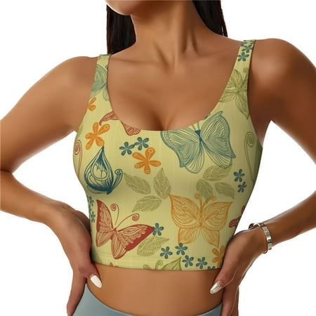 Jgfou Floral with Butterflies Print Womens Sports Bra - Padded Workout Sports Bras Crop Tank Top