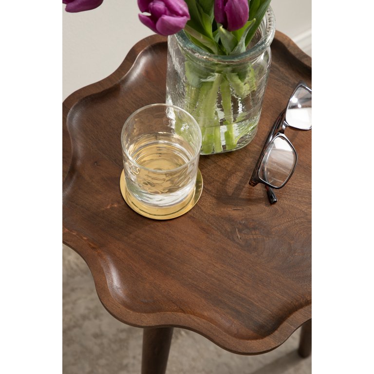 Mid Century Modern Round Wood Side Table | 15" Diameter Wavy Edge Martini Table | Solid Wood Nightstand Or Accent Table For Living Room, Bedroom