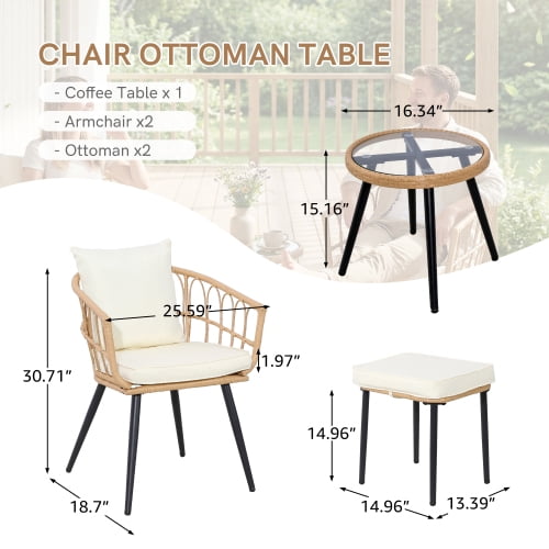5-Piece Outdoor PE Rattan Wicker Conversation Bistro Set, All-Weather Small Patio Furniture with 2 Chairs, 2 Ottomans and Coffee Table for Balcony, Porch, Deck, Yard and Poolside