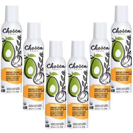 Chosen Foods Organic Avocado  Coconut and Safflower Oil Spray 4.7 oz.  Non-GMO  490F Smoke Point  Propellant-Free  Air Pressure Only for High-Heat Cooking  Baking and Grilling (4.7 Ounce (Pack of 6))