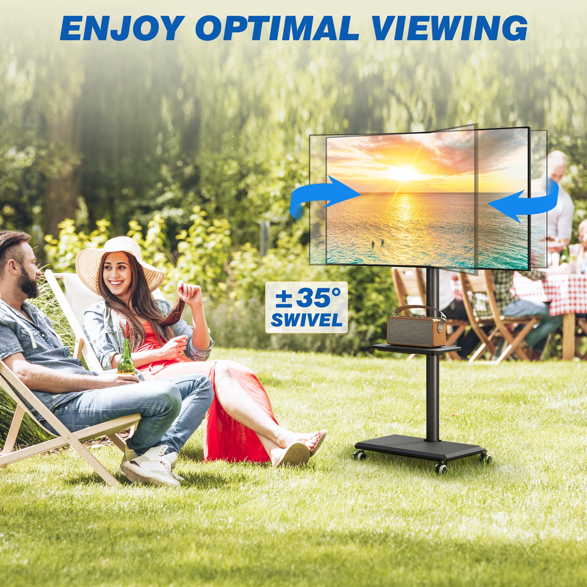RTVR Rolling Mobile TV Cart Stand with Mount for 32-60 inch Screens, Corner Swivel TV Mount Stand with Media Shelf, Wooden Base Furniture