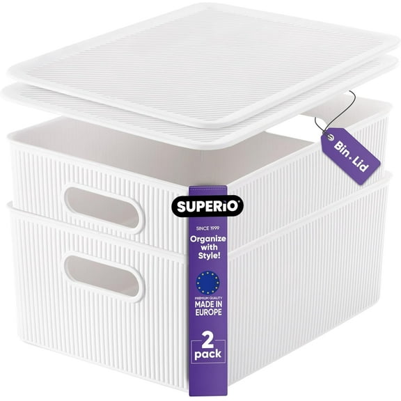 Superio 15L Medium White Ribbed Storage Bin with Lid, Plastic (2 Pack)
