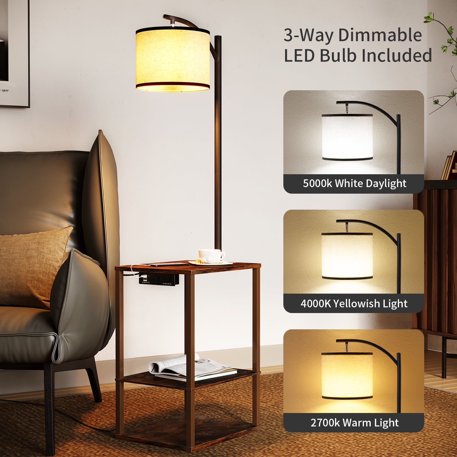 SUNMORY Floor Lamp with Table, Lamps for Living Room with USB Charging Station Port, 3-Color Temperature LED Bulb Attached End Table with Shelves, Side Table Lamps for Living Room Bedroom Office,