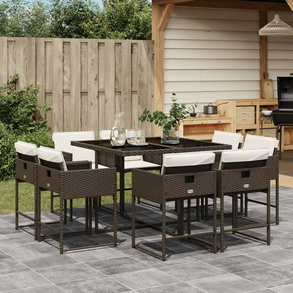 vidaXL 9 Piece Patio Dining Set with Cushions Brown Poly Rattan