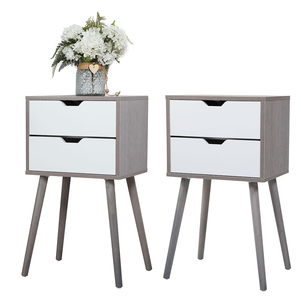 Kadyn Bedside Table for Bedroom, Mid Century Modern Side Table with 2 Drawer for Nursery, End Table with Storage and Solid Wood Legs for Living Room, Gray
