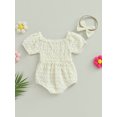 thumbnail image 4 of GXFC Infant Baby Girl Romper Dress Outfits Newborn Girls Short Sleeve Off-shoulder Jumpsuit One Piece Skirt Dress Babysuit with Bow Headband 0-18M, 4 of 9