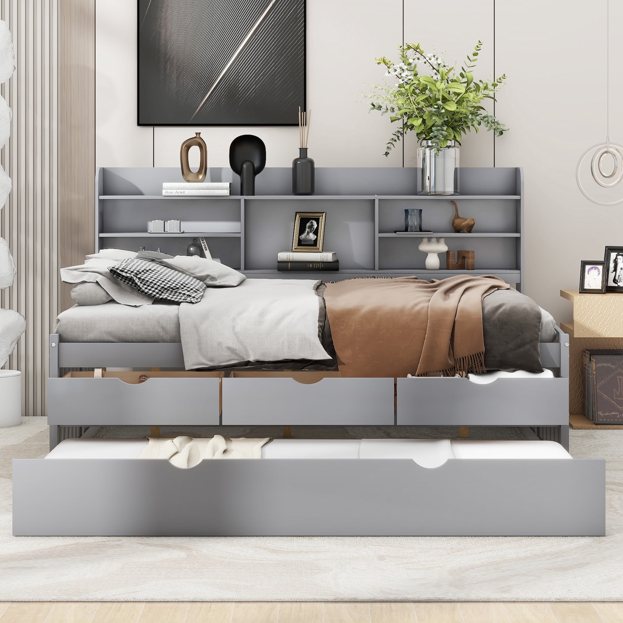 Euroco Wood Full Size Daybed with Trundle and Drawers, Wood Captain Platform Bed for Kids Teens, Light Gray