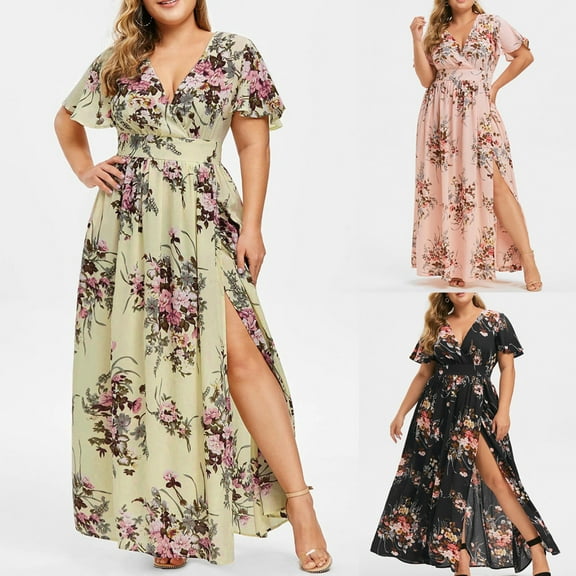 Yanhaigong Plus Size Dresses for Women Casual,YANHAIGONG Women Plus Size Wrap Maxi Dress, Short Flutter Sleeves Empire Waist Split A Line Boho Casual Dress,Summer Cocktail Party Maxi Wedding Dresses