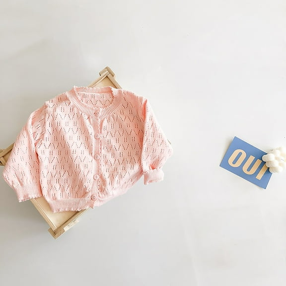 Nrmvnmi Girls' Crochet Knitted Cardigan Sweater Kids Sweet Solid Color Crew neck Long Sleeve Elastic Button Closure Cropped Knitwear Cover Up Casual Comfortable Clothings