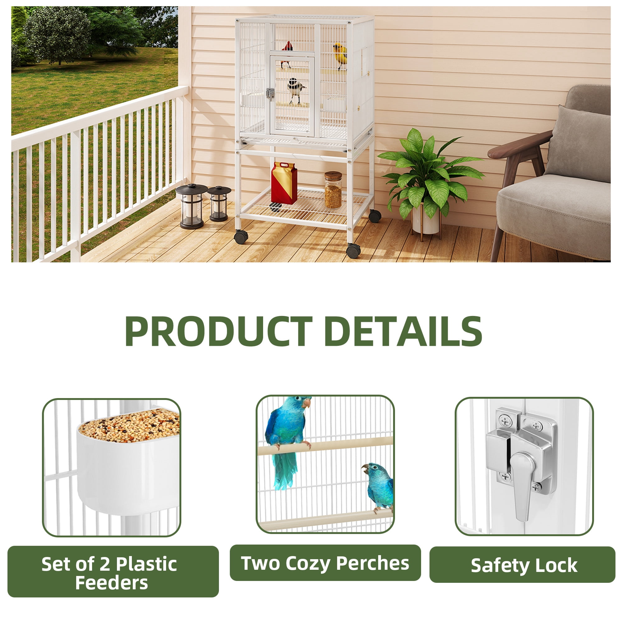 Uforic 41" Metal Birdcage with Rolling Stand and Castor Wheels, Large Parrot Cage with 2 Perches and 2 Feeders, Spacious Storage Tray, White