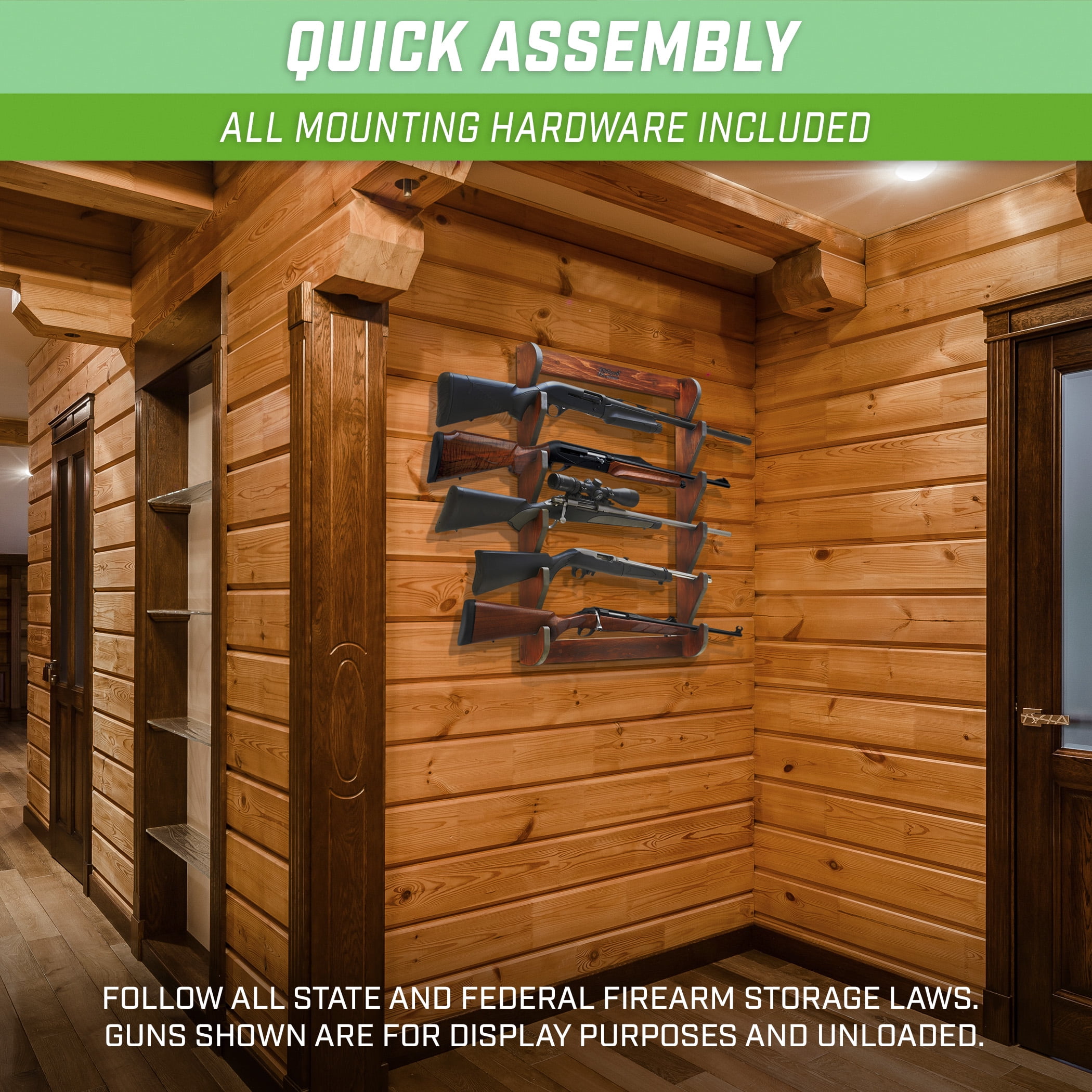 GoSports Outdoors Wall Mounted Firearm Display Rack with Premium Wood Stain - Holds 5 Rifles or Shotguns