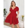 thumbnail image 5 of AURA Elegant Red Knit V Neck High Waist Ruffle A Line Dress Short Sleeve Plus Size 1XL 3XL, 5 of 7