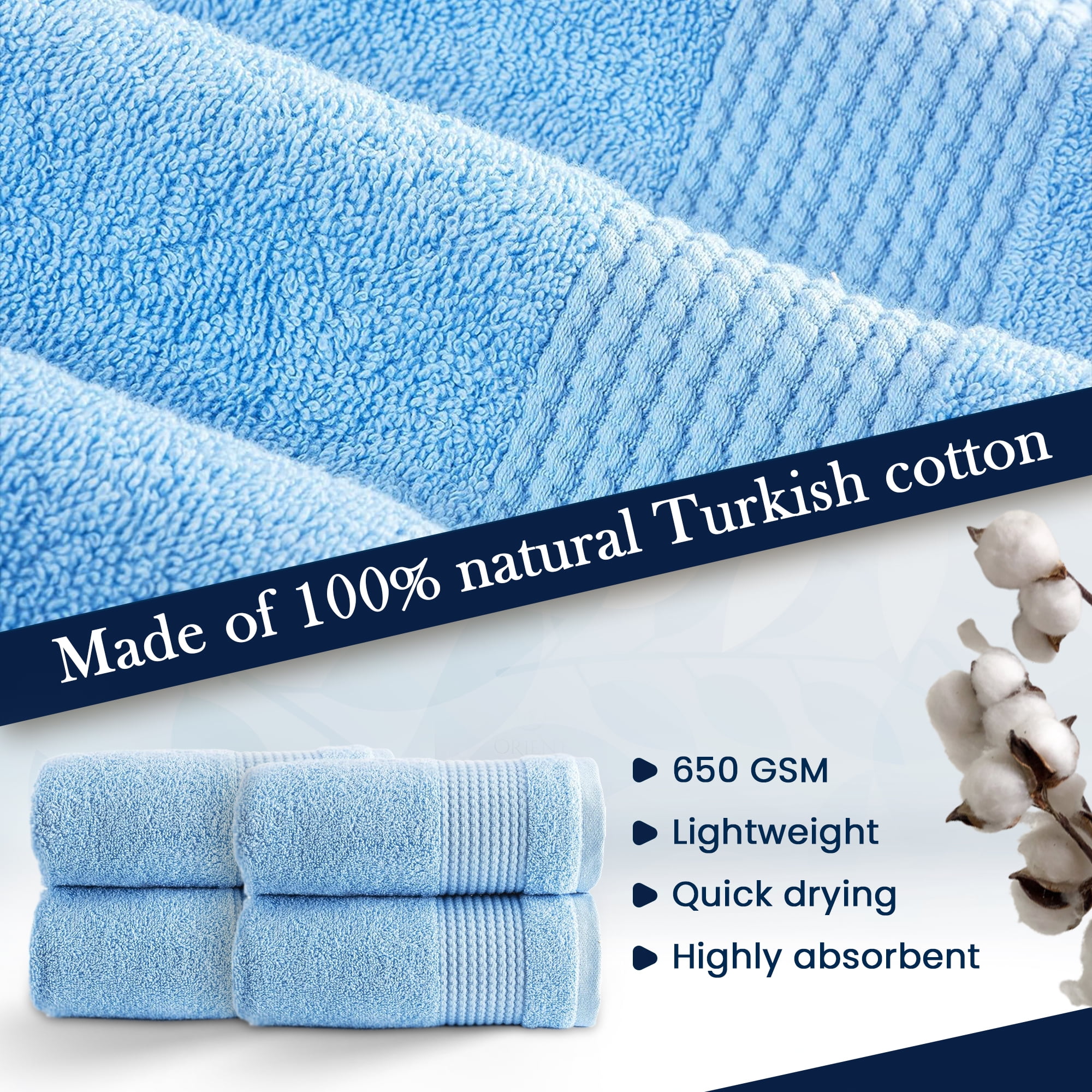 HALLEY Turkish Hand Towels Set - 4 Pack Bathroom Set, Ultra Soft, Machine Washable, Highly Absorbent, 100% Cotton - Luxury Spa Quality - Blue
