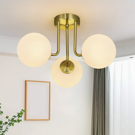 LMQNINE Modern 3-Light Gold Ceiling Fixture,Mid-Century Semi-Flush Mount with White Glass Globes for Bedroom,Living Room, Hallway