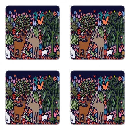 

Animal Coaster Set of 4 Abstract Depiction of Reindeer Couple in Jungle with Flowers and Trees Illustration Square Hardboard Gloss Coasters Standard Size Multicolor by Ambesonne