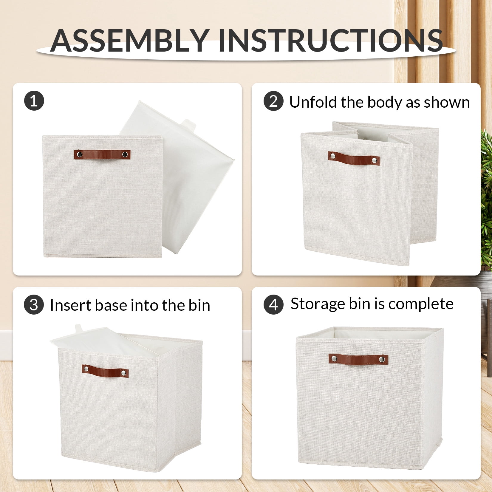 DSstyles Stackable Storage Cube Bins Box Set with Leather Handles, Beige, 6 Pack