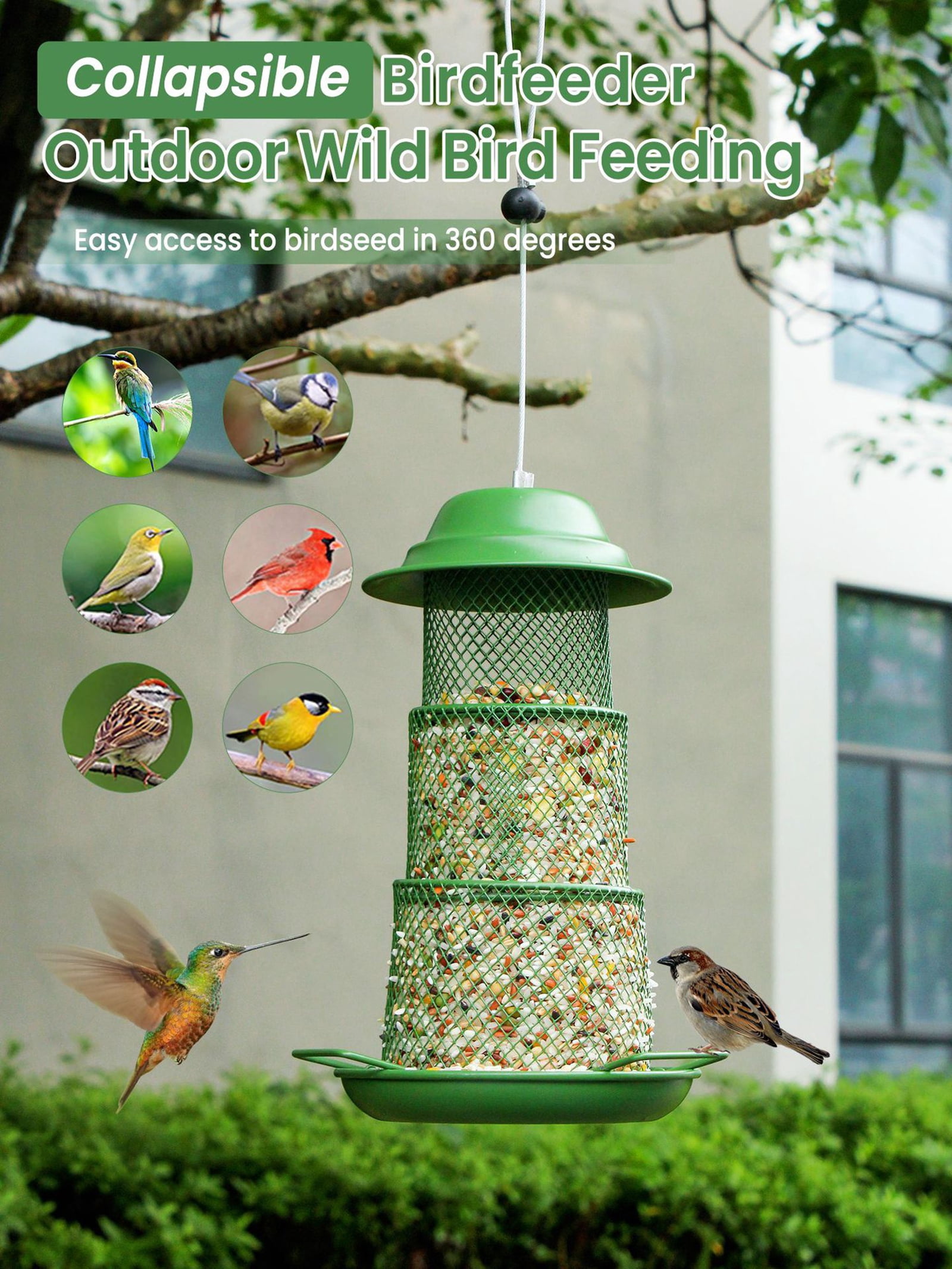 Djiypn Bird Feeders for Outdoors Squirrel Proof - Collapsible Plastic/Iron Hanging Feeder, Easy to Fill for Garden Yard Patio, Ideal for Bird Lovers & Outdoor Enthusiasts
