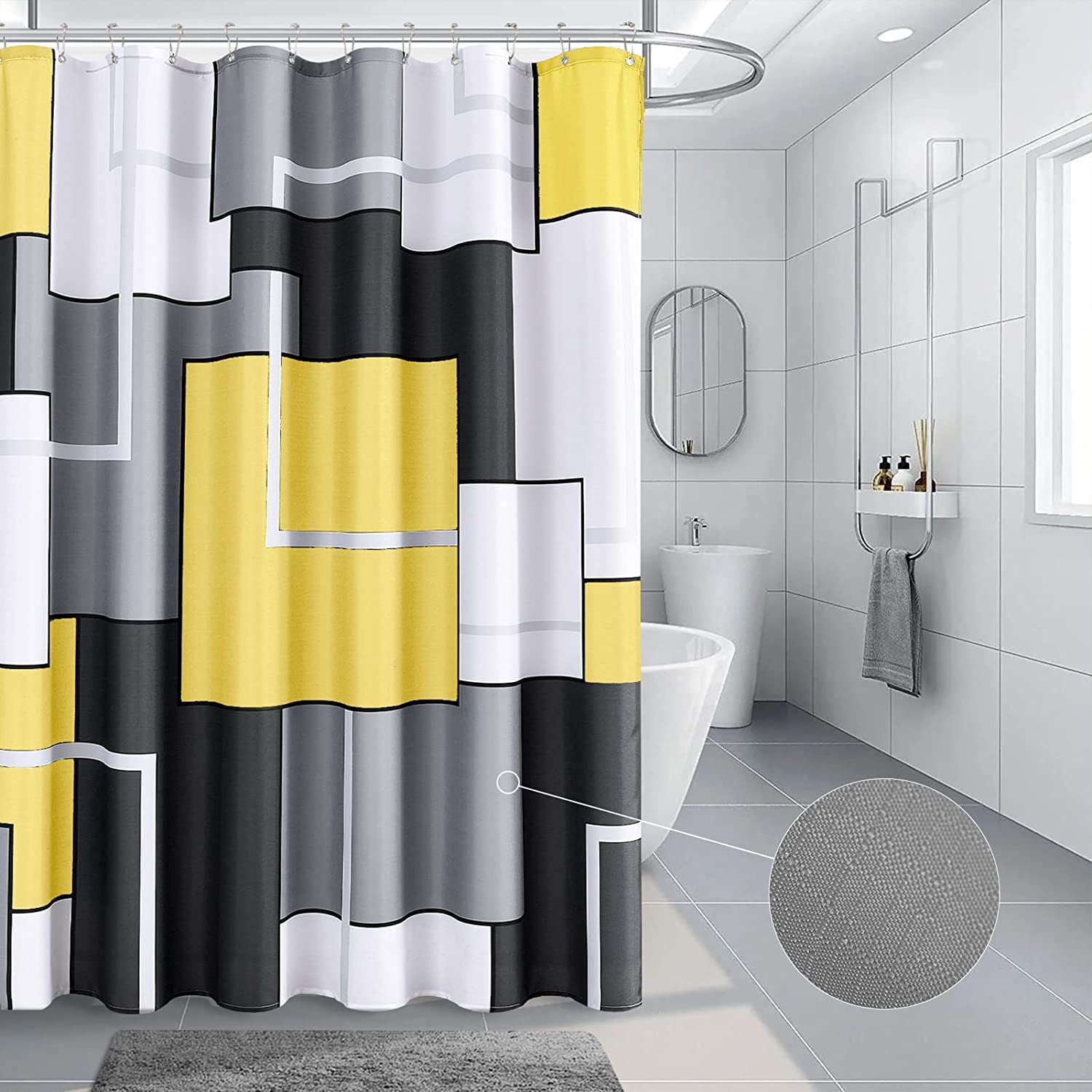 Yellow Shower Curtain Set with Hooks Black and White Shower Curtain for Bathroom Fabric Fall Shower Curtain Geometric Bath Curtains Decorative Gray