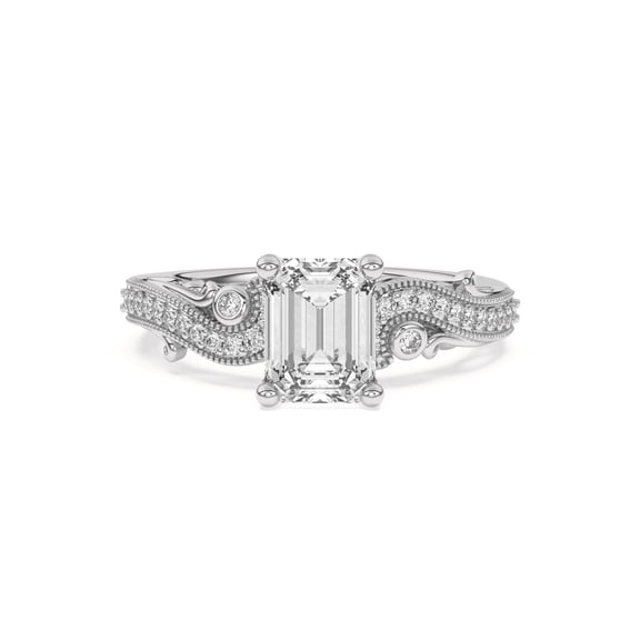 Oryn Jewel Lab Created Emerald Cut Diamond Engagement Ring - Vintage Filigree and Milgrain Design - 2.1 Ct Diamond Jewelry Crafted in 14K White Gold Over Metal - A Timeless Piece for Wedding