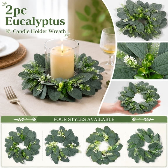 Candle Wreath Rings, Spring Candle Rings, Eucalyptus Decor, Farmhouse Table Decor, 2 Pack 9X9 Inch Artificial Eucalyptus Green Leaf Candle Rings for Pillar Candles, Small Wreaths