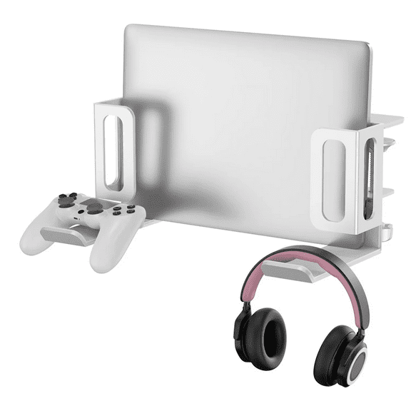 Vertical Laptop Stand, No Drill Desk Side Laptop Stand Organizer Adjustable Laptop Holder Desk Clamp on White