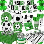 232 Pcs Soccer Party Decorations - Serves 30 with Plates and Napkins, Cups, Forks, Birthday Banner, Swirls, Cake Toppers, Balloons, Tablecloths, Forks, Knives for Soccer Birthday Party Supplies