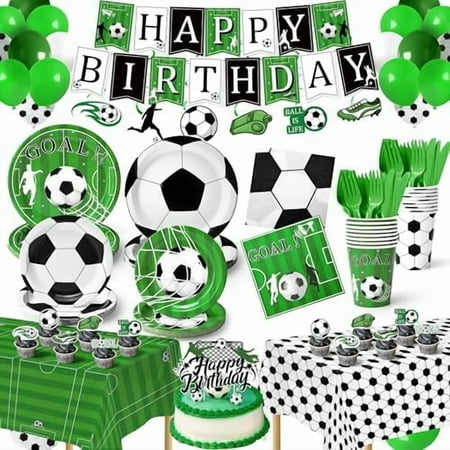 232 Pcs Soccer Party Decorations - Serves 30 with Plates and Napkins, Cups, Forks, Birthday Banner, Swirls, Cake Toppers, Balloons, Tablecloths, Forks, Knives for Soccer Birthday Party Supplies