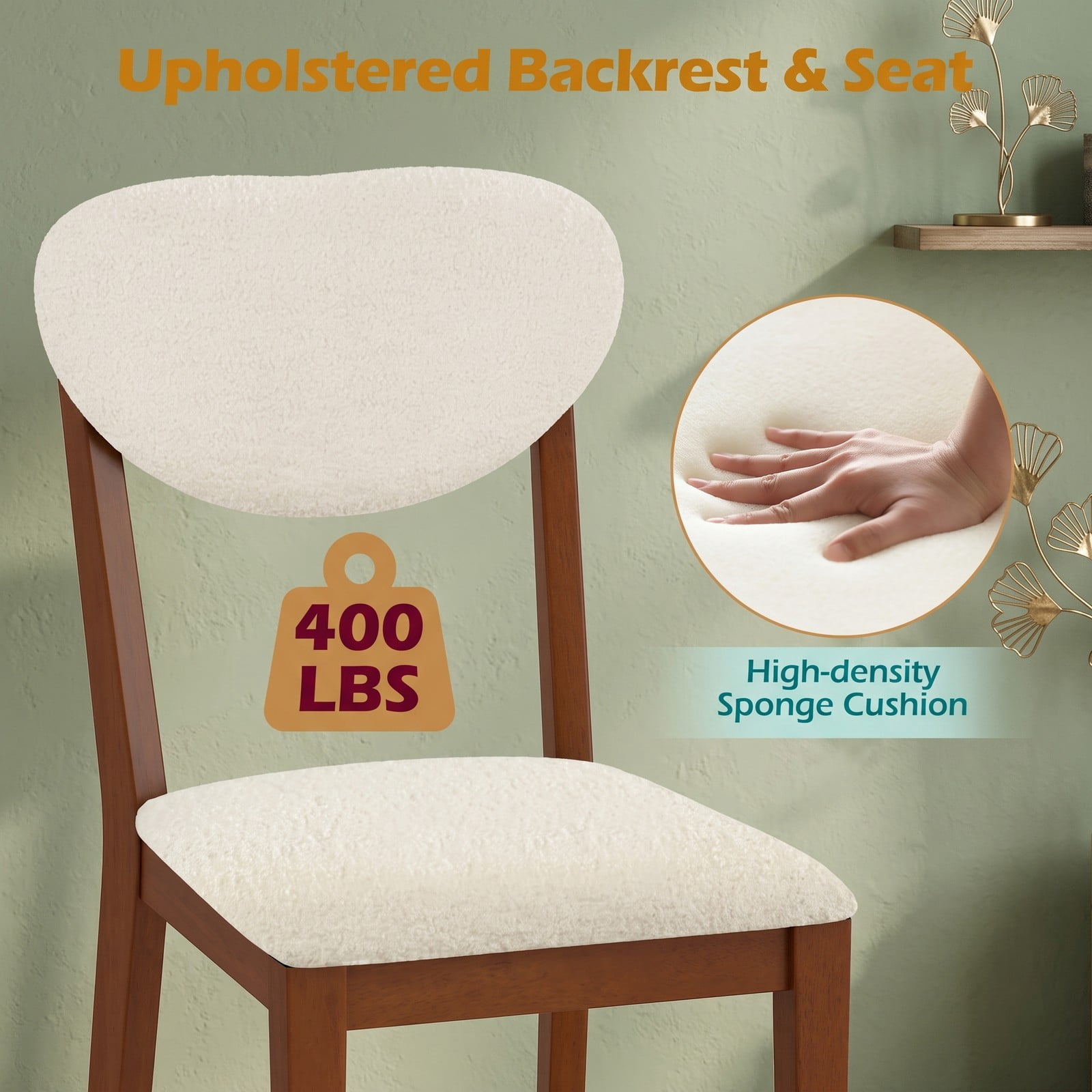 Furnibear Sherpa Dining Chairs Set of 4, Upholstered Faux Fleece Accent Side Chairs with Solid Rubber Wood Legs, Ergonomic Tilt Backrest Kitchen Dining, White Walnut