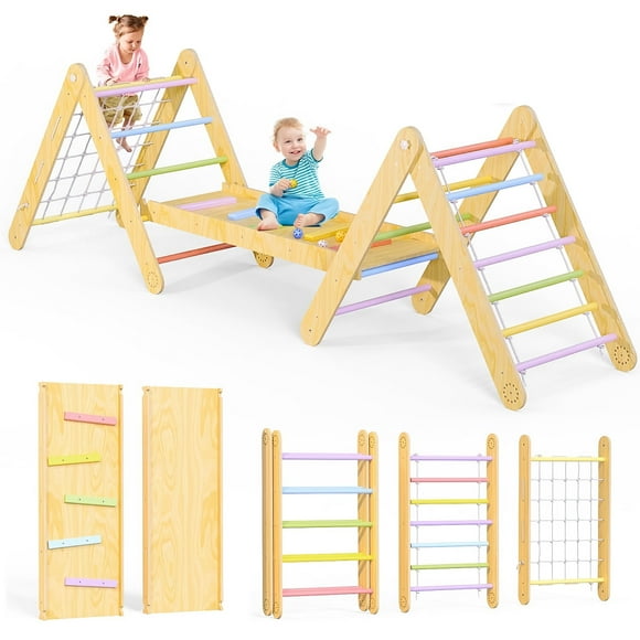 Toytexx 7-in-1 Toddler Wooden Climbing Triangle Set with Ramp, Ladder & Rope – Foldable Indoor Playground Toy