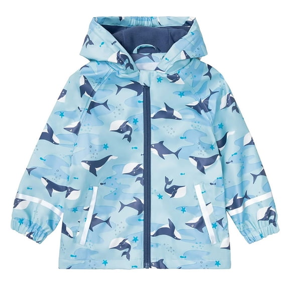 Generic Children Warm Overcoats Windproof Toddler Boys Girls Hooded Sea Animals Printed Rainproof Jacket Zip Reflective Stripe Rain Coat with Pockets(Blue,3-4 Years)