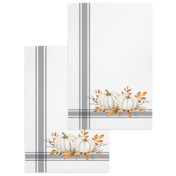 White Pumpkins Fall Kitchen Dish Towels for Drying Dishes Set of 2, Thanksgiving Botanical Grey Striped Waffle Weave Microfiber Hand Tea Bathroom Towels Quick Dry & Absorbent Towel 15.7x23.6
