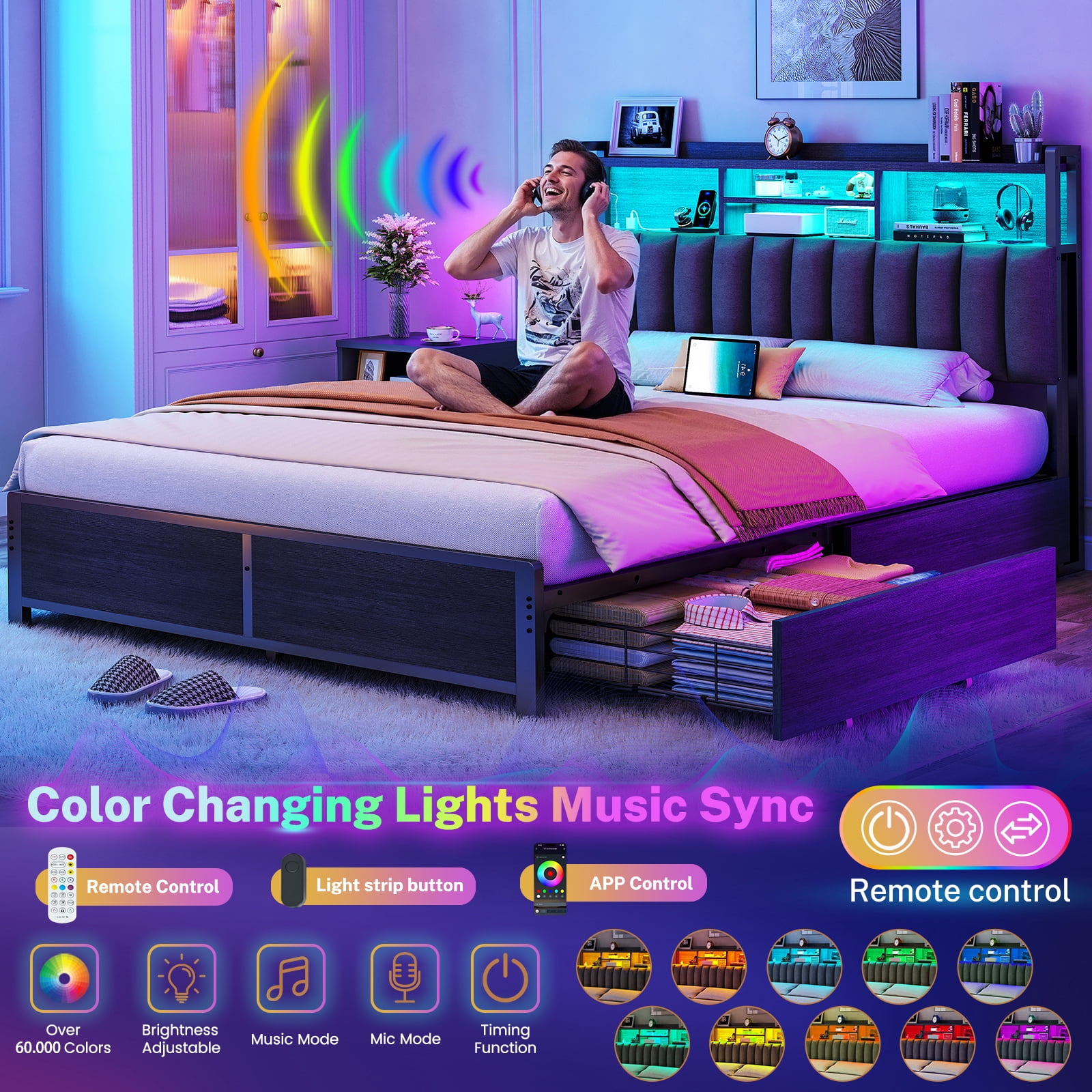 Queen Bed Frame with Charging Station & LED Lights, Bed Frame Queen Size with 4 Storage Drawers, Upholstered Headboard with Shelves, Black, Noise Free